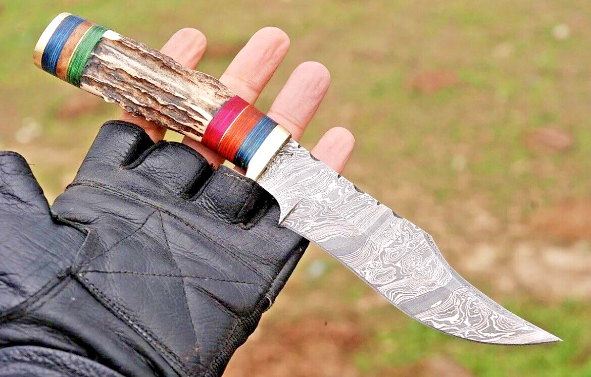 Handmade Damascus Bowie Knives Stag Handle Tactical Hunting Knife Skinning - Image 1