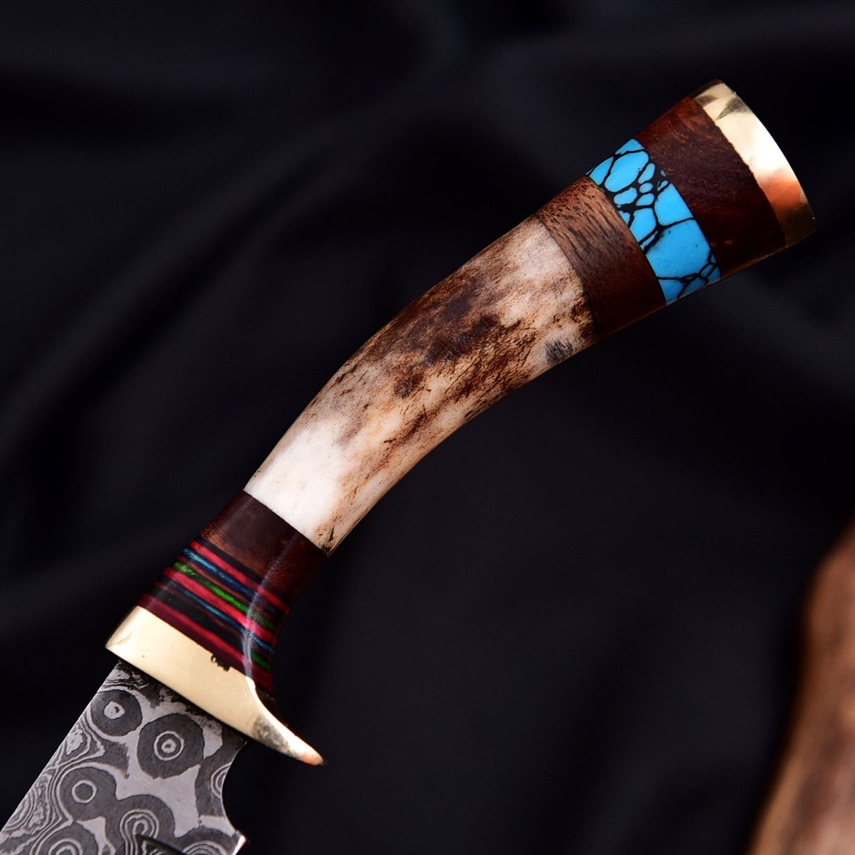 Damascus Steel Blade Skinning Knife Stag Antler Handle Tactical Outdoor Hunting - Image 3