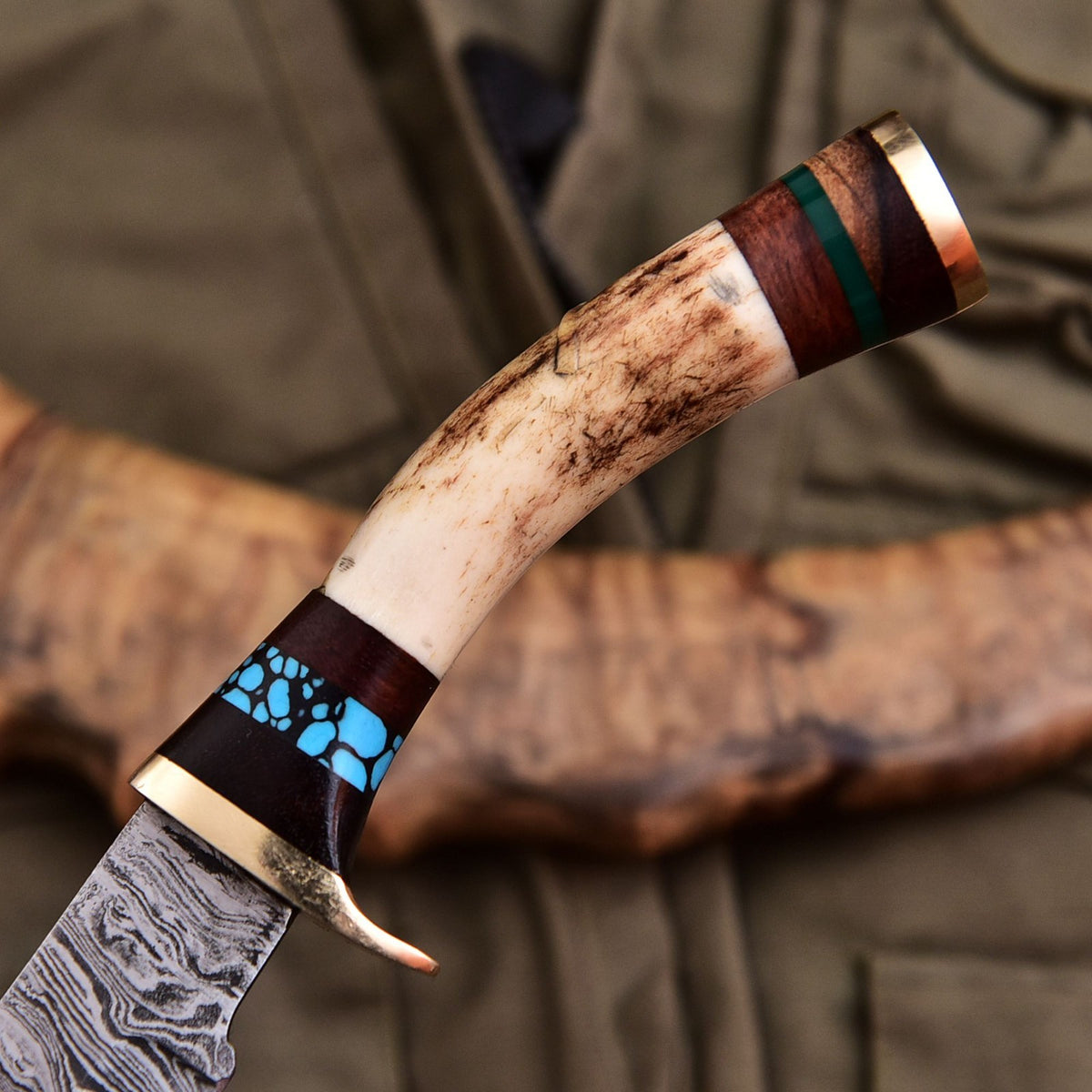 Forged Damascus Blade Skinning Knife Stag Antler Handle Brass Guard With Sheath - Image 3