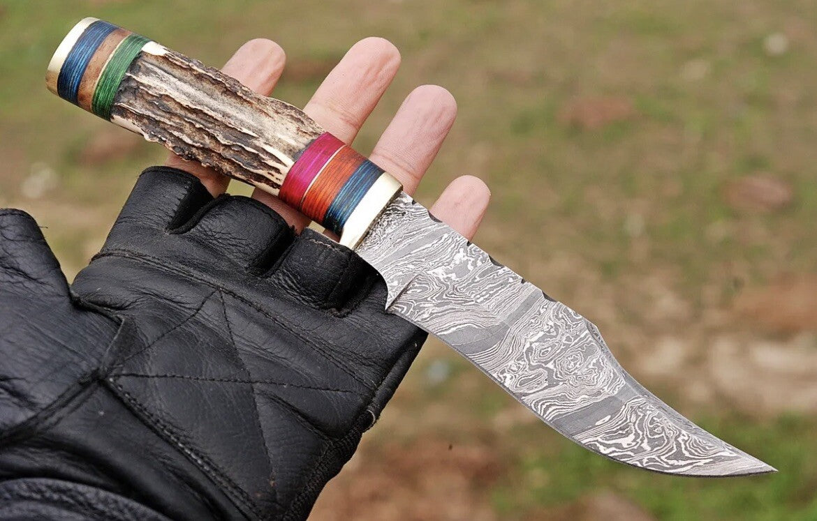 Handmade Damascus Stag Handle Tactical Bowie Hunting Knife Skinning Edc 10" - Image 3