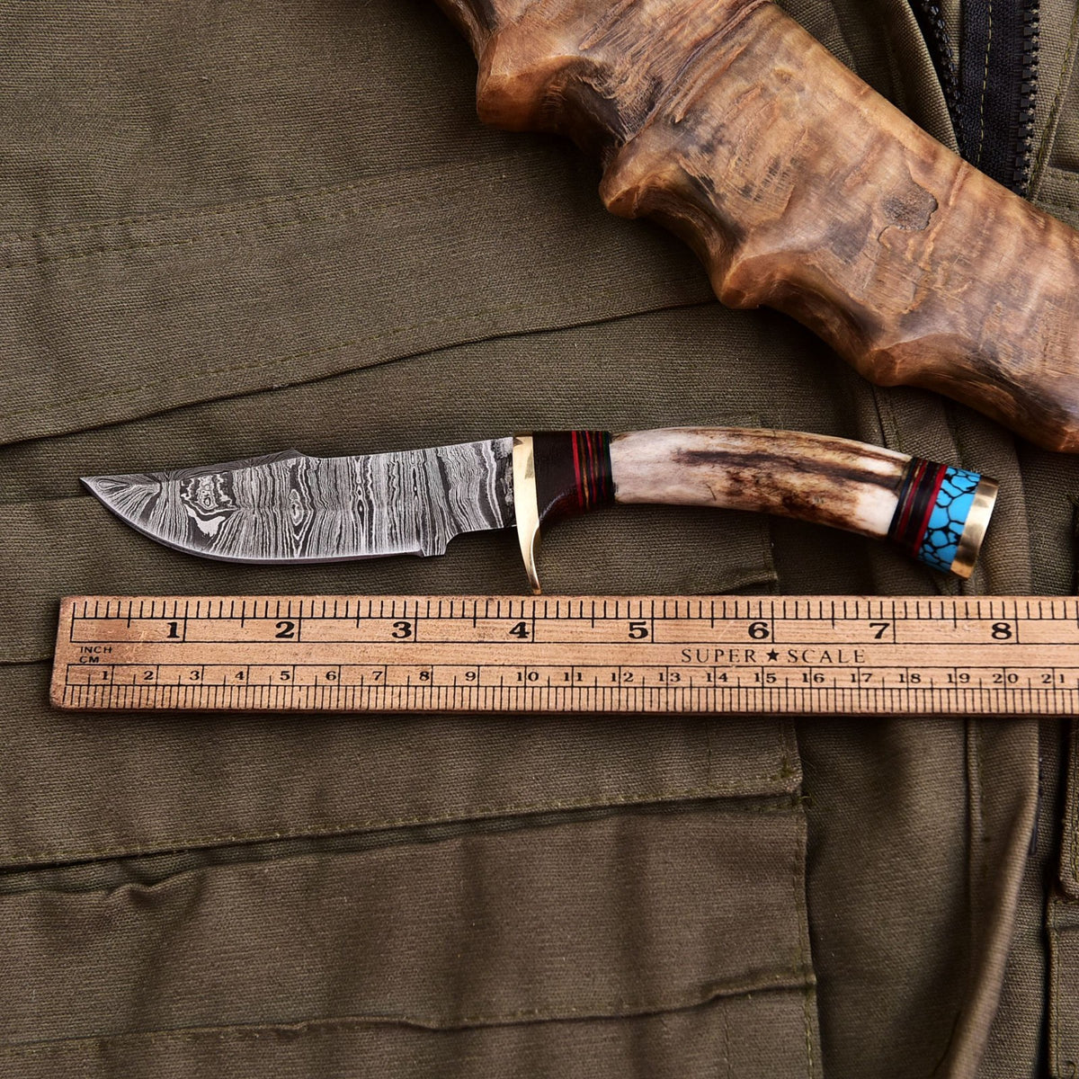 Forged Damascus Blade Skinning Knife Stag Antler Handle Tactical Survival Hunt - Image 4