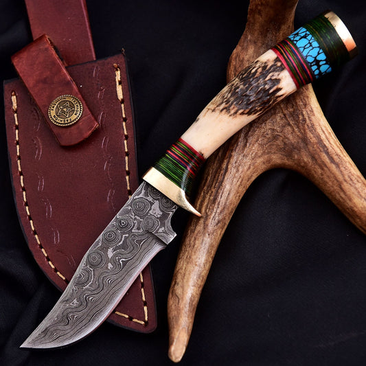 Vintage Damascus Blade Skinner Knife Stag Antler Handle Tactical Outdoor Hunting - Image 2