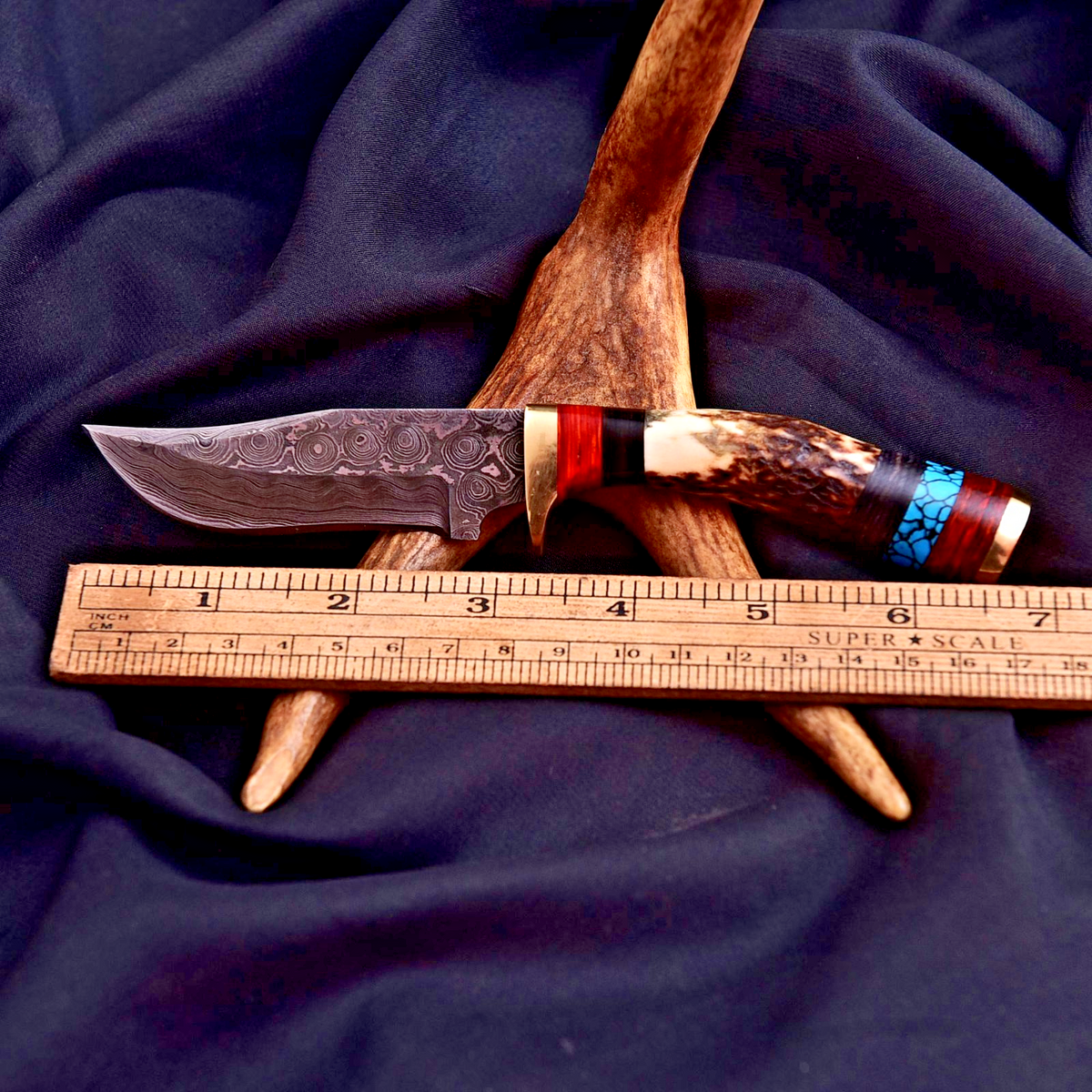 Vintage Damascus Blade Skinner Knife Stag Antler Handle Tactical Outdoor Hunting - Image 4