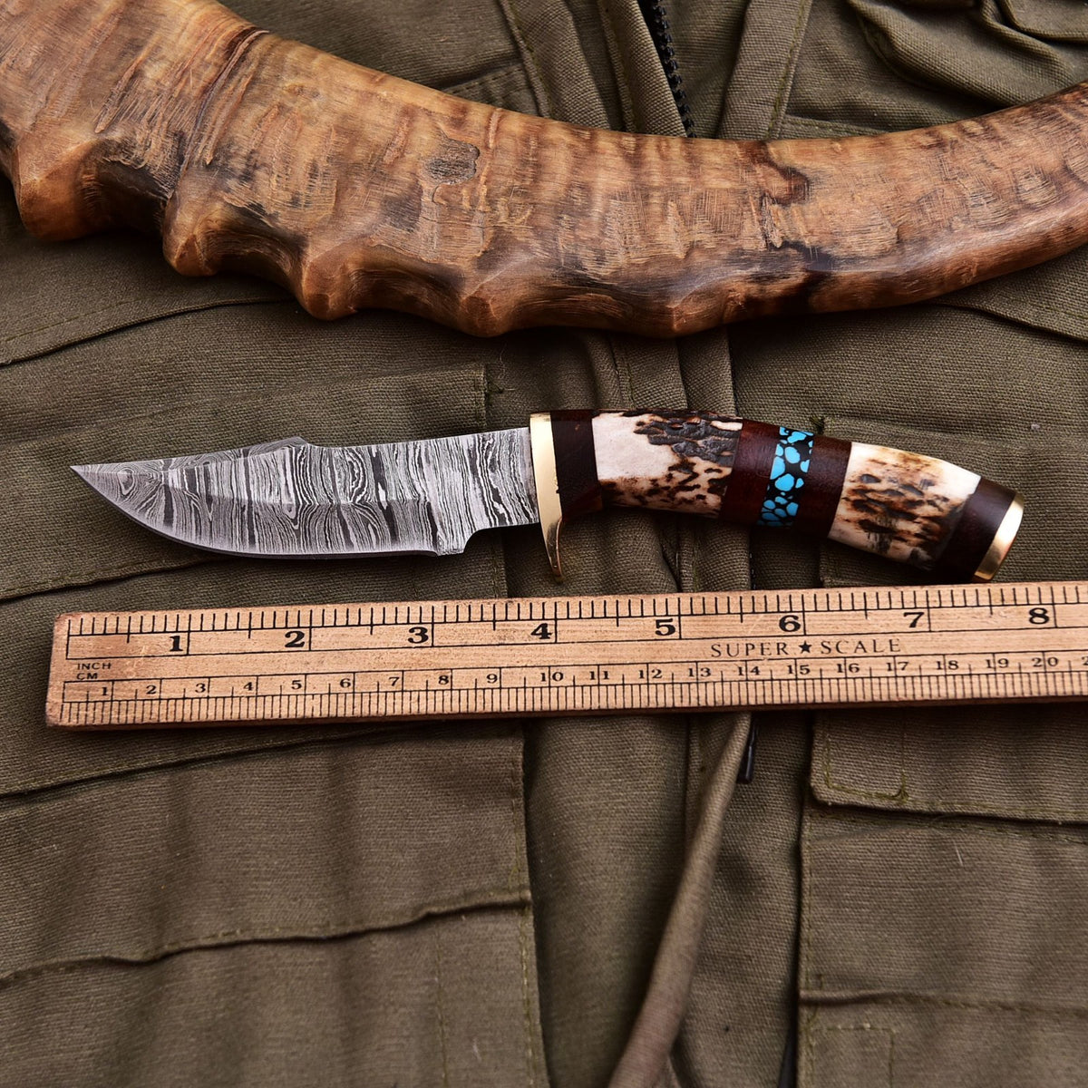Forged Damascus Blade Skinning Knife Stag Antler Handle Brass Guard With Sheath - Image 4