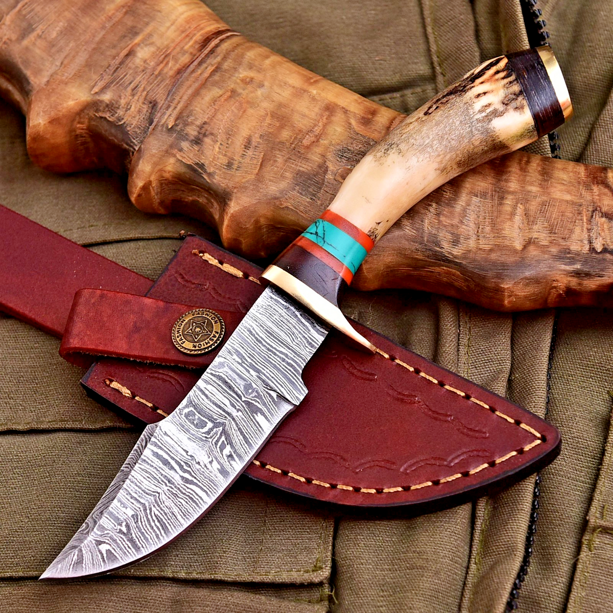 Forged Damascus Blade Skinning Knife Stag Antler Handle Brass Guard With Sheath - Image 2