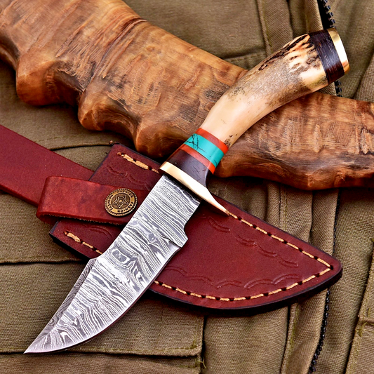 Forged Damascus Blade Skinning Knife Stag Antler Handle Brass Guard With Sheath - Image 2
