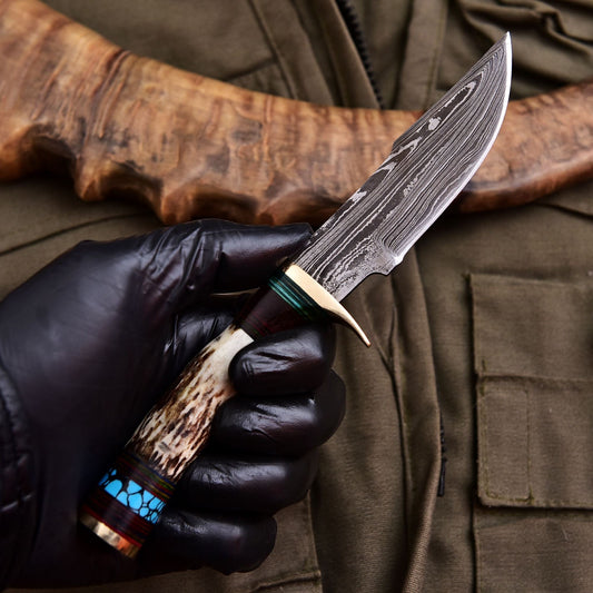 Forged Damascus Blade Skinning Knife Stag Antler Handle Brass Guard With Sheath - Image 2