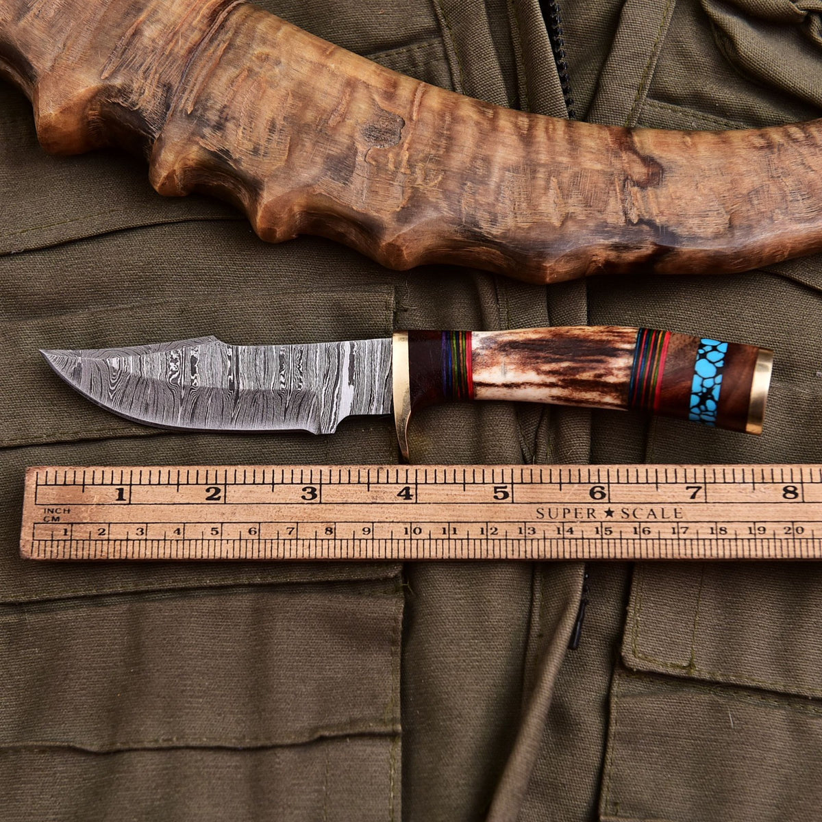 Forged Damascus Blade Skinning Knife Stag Antler Handle Brass Guard With Sheath - Image 4