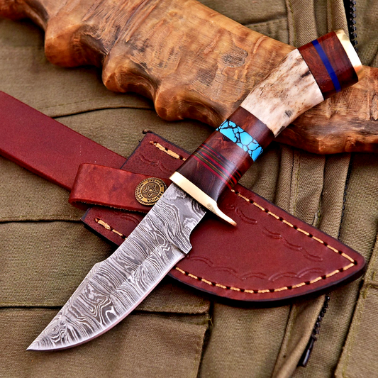 Forged Damascus Blade Skinning Knife Stag Antler Handle Brass Guard With Sheath - Image 1