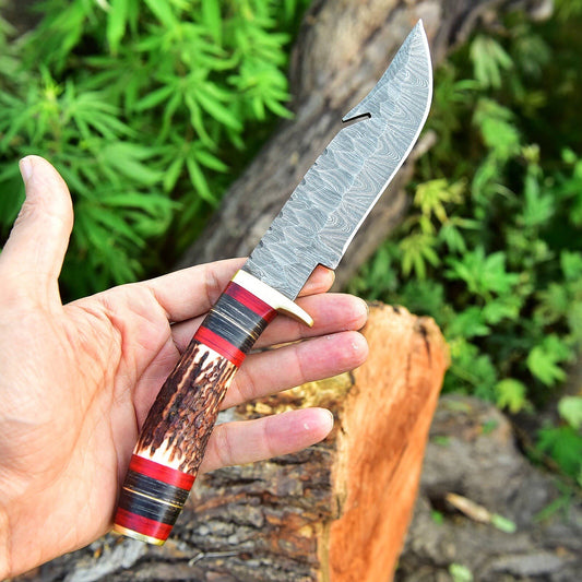Custom Handmade Damascus Steel Hunting Skinning Knife Deer Stag Handle Guthook - Image 2