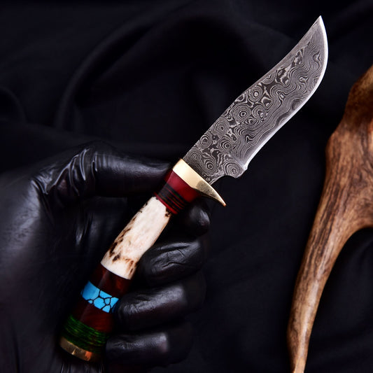 Custom Handmade Damascus Steel Blade Skinning Knife Original Stag Antler Handle - Image 2