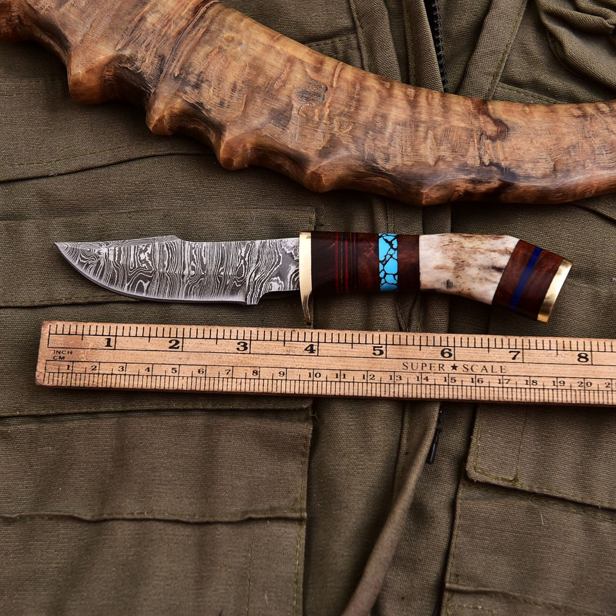 Forged Damascus Blade Skinning Knife Stag Antler Handle Brass Guard With Sheath - Image 4