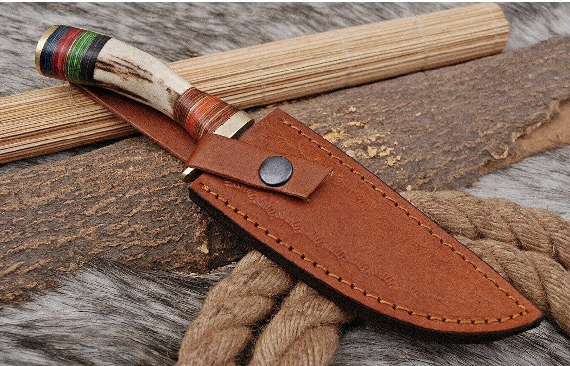 Custom Handmade Damascus Stag Antler Handle Bowie Knife Hunting Knife Skinning - Image 3
