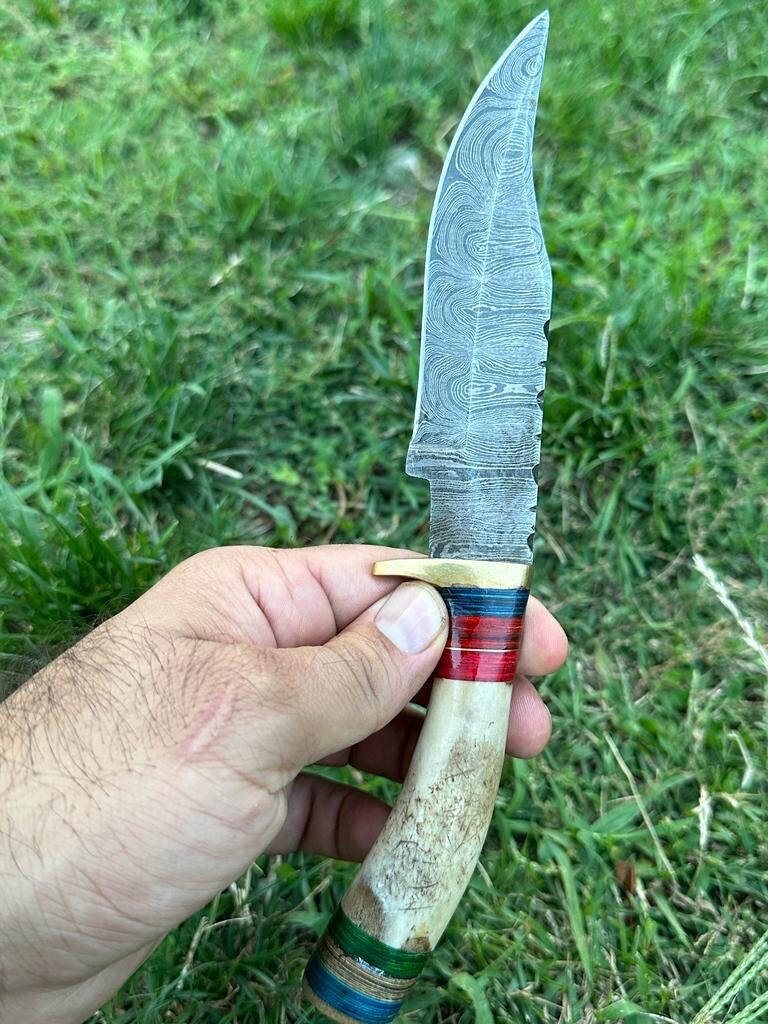 10" Custom Handmade Damascus Steel Hunting Skinning Knife Deer Stag Handle - Image 3