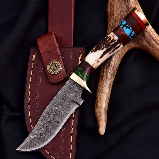 Edc Damascus Steel Blade Skinning Knife Original Stag Antler Handle Brass Guard - Image 2