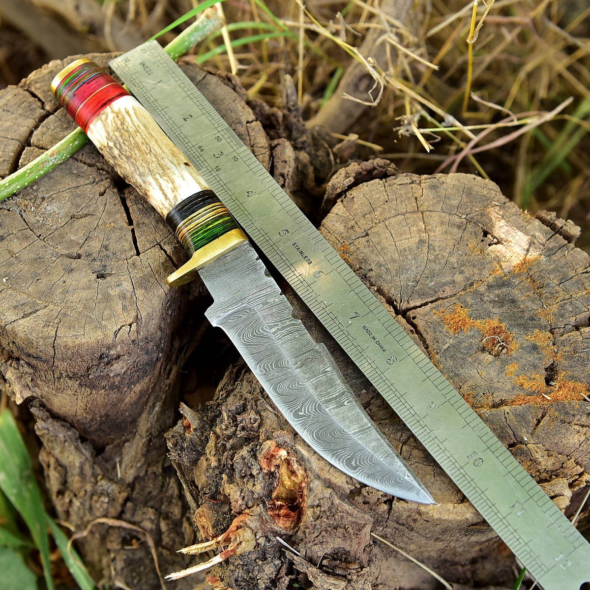 10" Handmade Damascus Skinning Hunting Fix Blade Knife Stag Antler & Brass Guard - Image 3