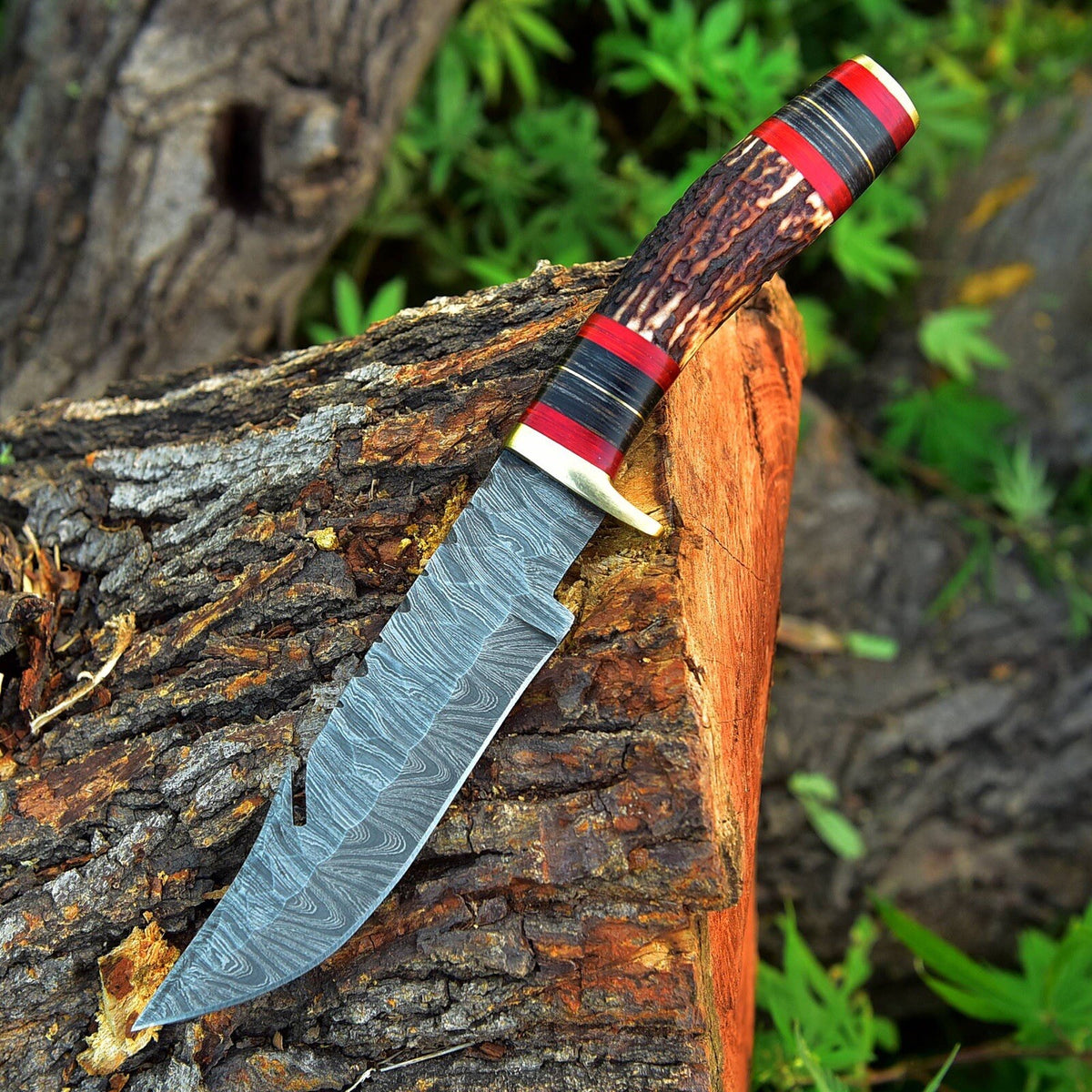 Custom Handmade Damascus Steel Hunting Skinning Knife Deer Stag Handle Guthook - Image 3