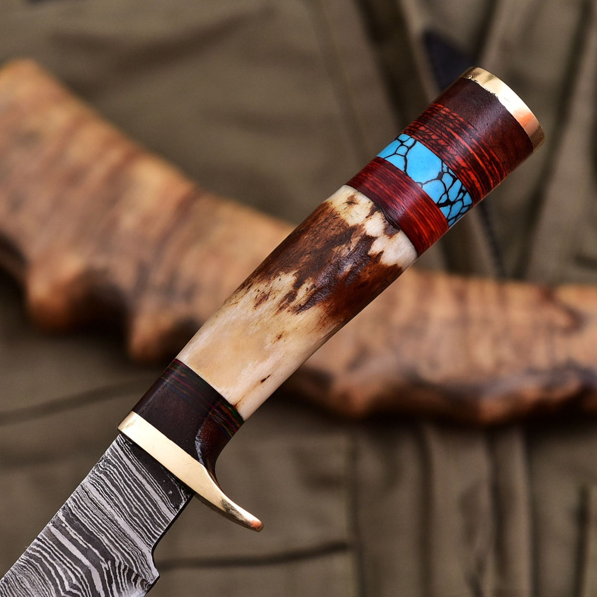 Forged Damascus Blade Skinning Knife Stag Antler Handle Brass Guard With Sheath - Image 3