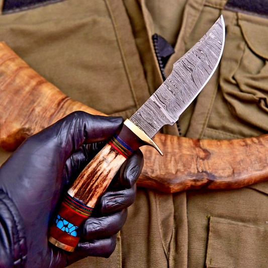 Forged Damascus Blade Skinning Knife Stag Antler Handle Brass Guard With Sheath - Image 1