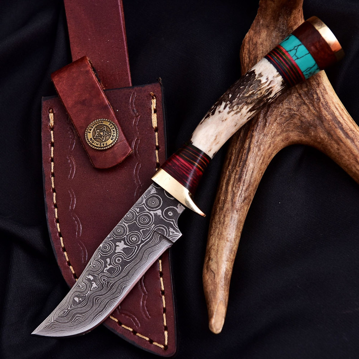 Vintage Damascus Blade Skinner Knife Stag Antler Handle Tactical Outdoor Hunting - Image 1