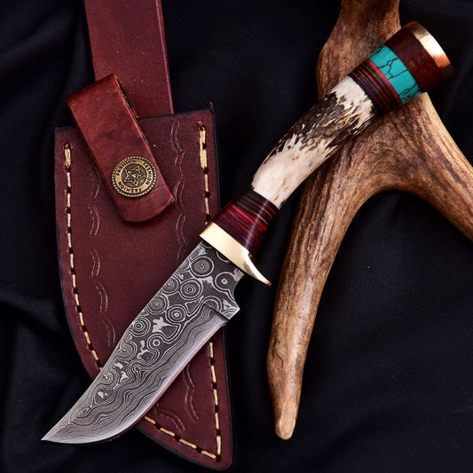 Vintage Damascus Blade Skinner Knife Stag Antler Handle Tactical Outdoor Hunting - Image 1