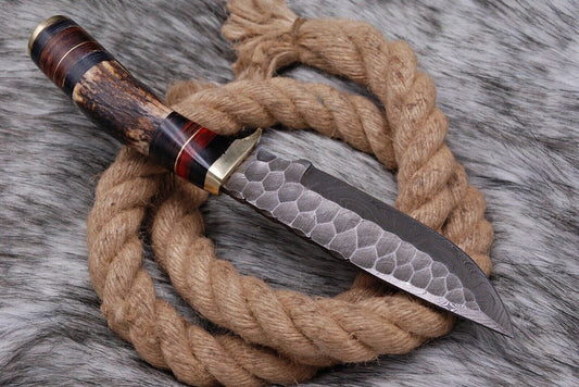 Custom Handmade Damascus Steel Hunting Skinning Knife Deer Stag Handle Survival - Image 2