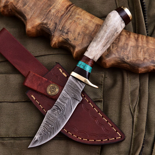 Forged Damascus Blade Skinning Knife Stag Antler Handle Brass Guard With Sheath - Image 2