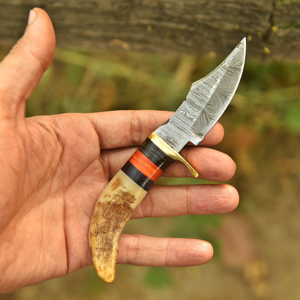 Custom Handmade Damascus Steel Blade Skinning Knife Original Ram Horn Handle - Image 4