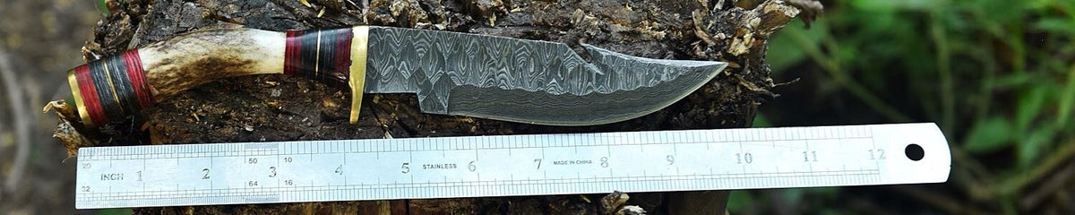 Handmade Damascus Fixed Gut-hook Blade Hunting Skinning Knife Stag Antler Handle - Image 3