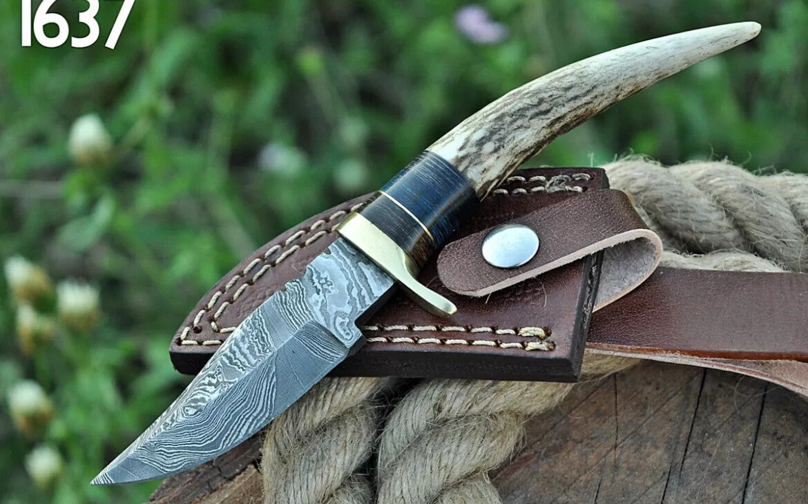 Handmade Damascus Knife Fix Blade Hunting Bowie Skinner Stag Antler Handle - Image 3