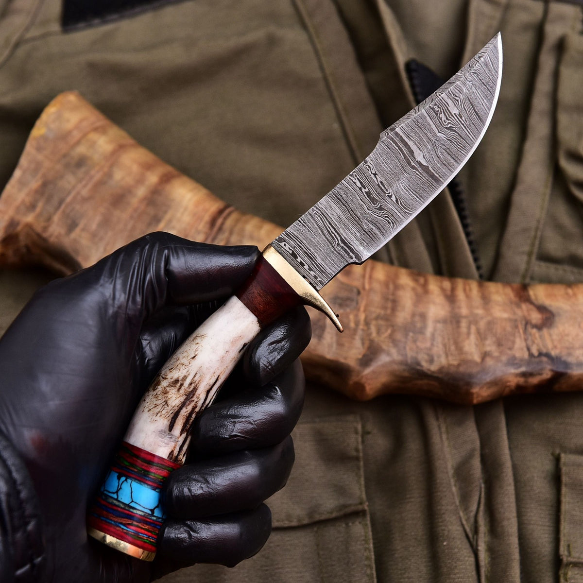 Forged Damascus Blade Skinning Knife Stag Antler Handle Brass Guard With Sheath - Image 3