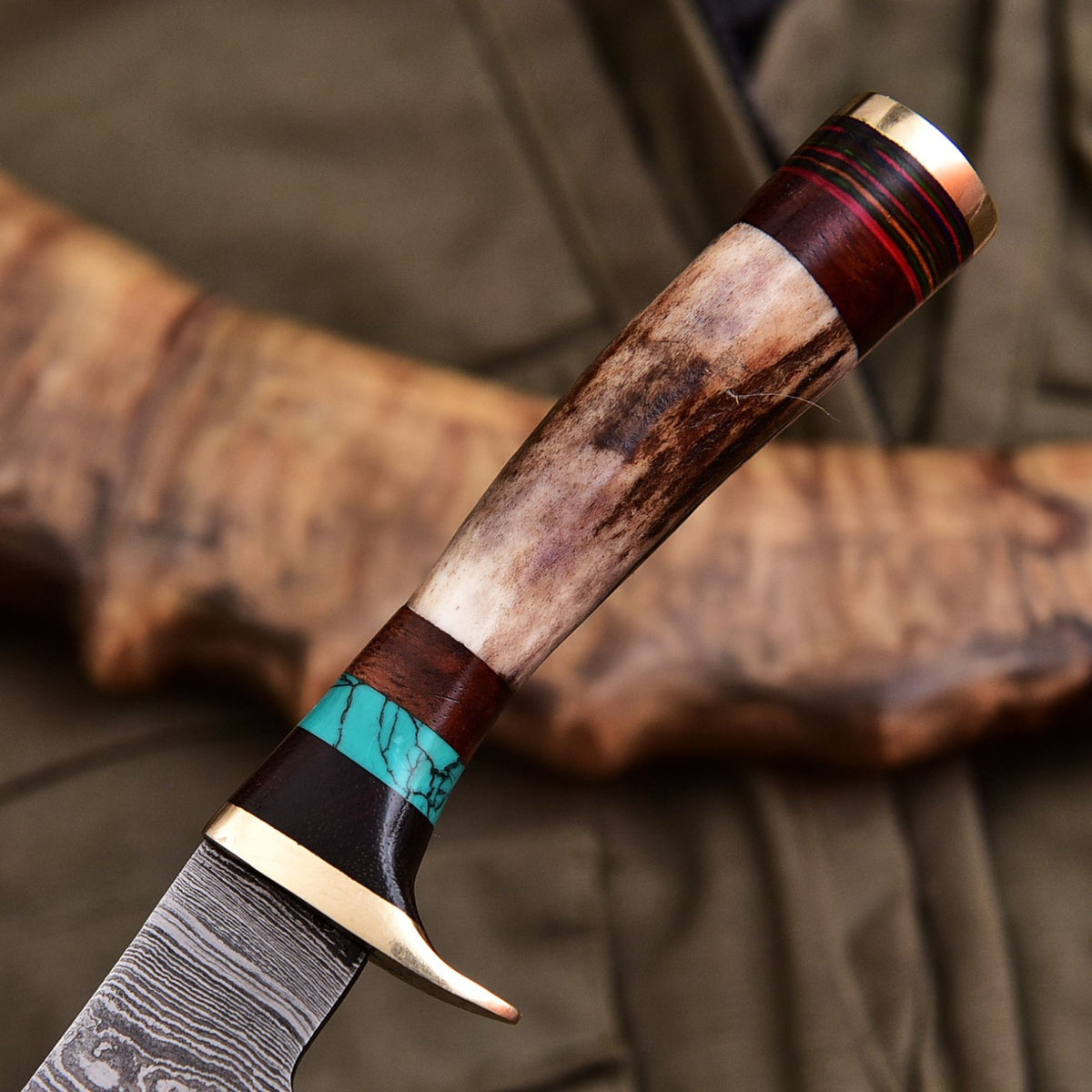 Forged Damascus Blade Skinning Knife Stag Antler Handle Brass Guard With Sheath - Image 3