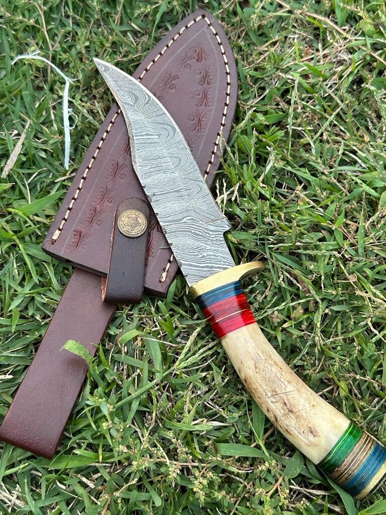 10" Custom Handmade Damascus Steel Hunting Skinning Knife Deer Stag Handle - Image 5
