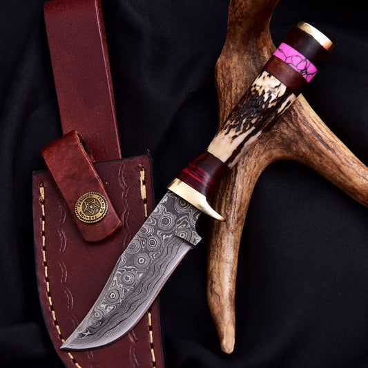 Forged Damascus Blade Skinner Knife Stag Antler Handle Tactical Survival Hunting - Image 1