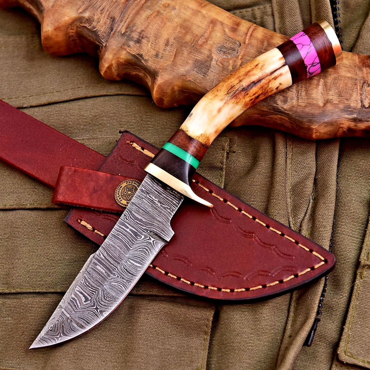 Forged Damascus Blade Skinning Knife Stag Antler Handle Brass Guard With Sheath - Image 1
