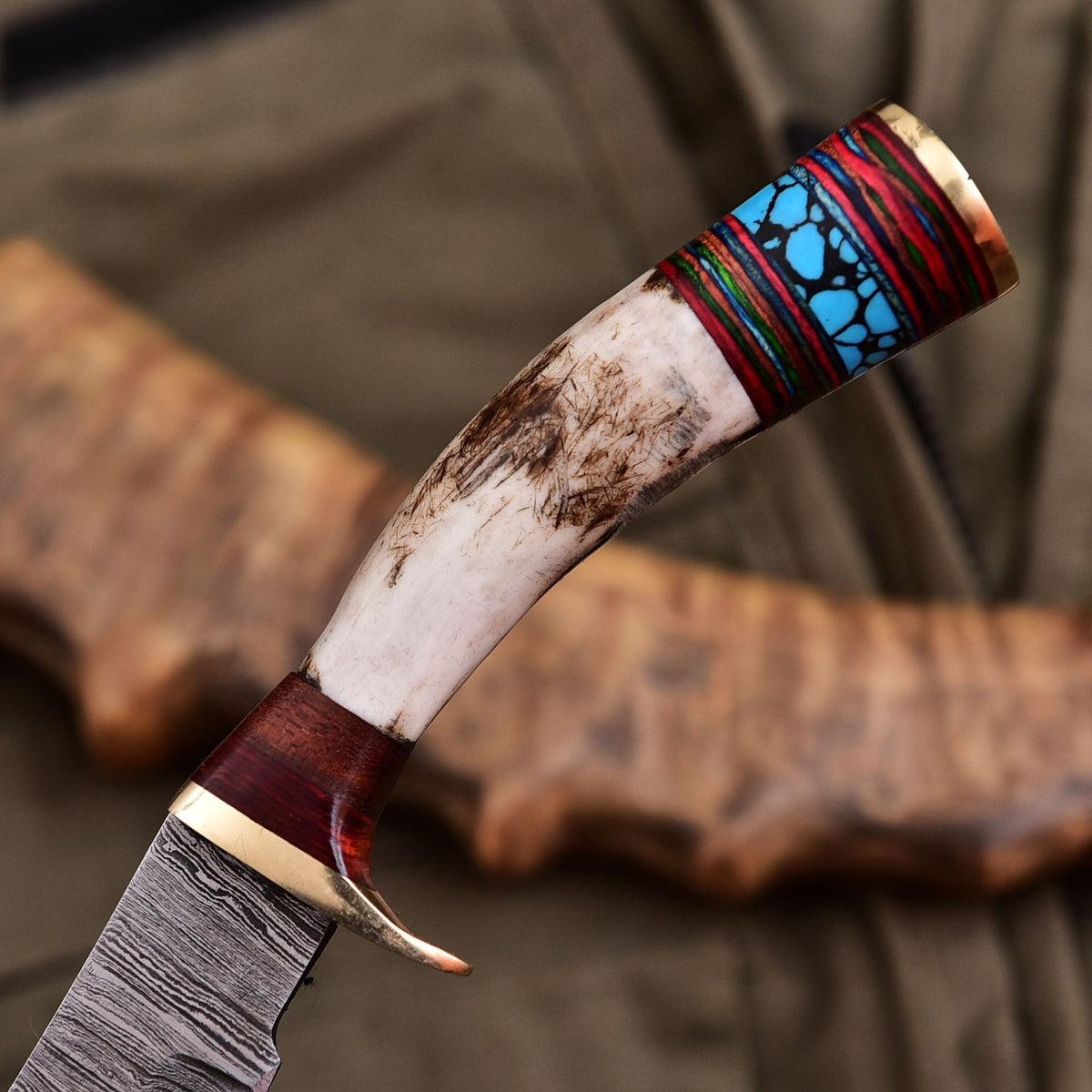 Forged Damascus Blade Skinning Knife Stag Antler Handle Brass Guard With Sheath - Image 4