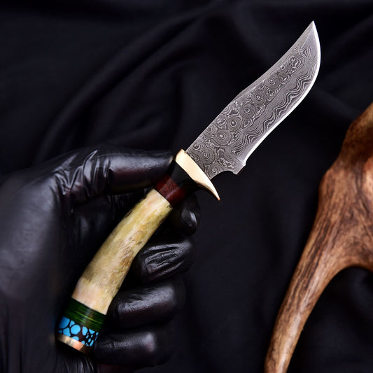Vintage Damascus Blade Skinner Knife Stag Antler Handle Tactical Outdoor Hunting - Image 2