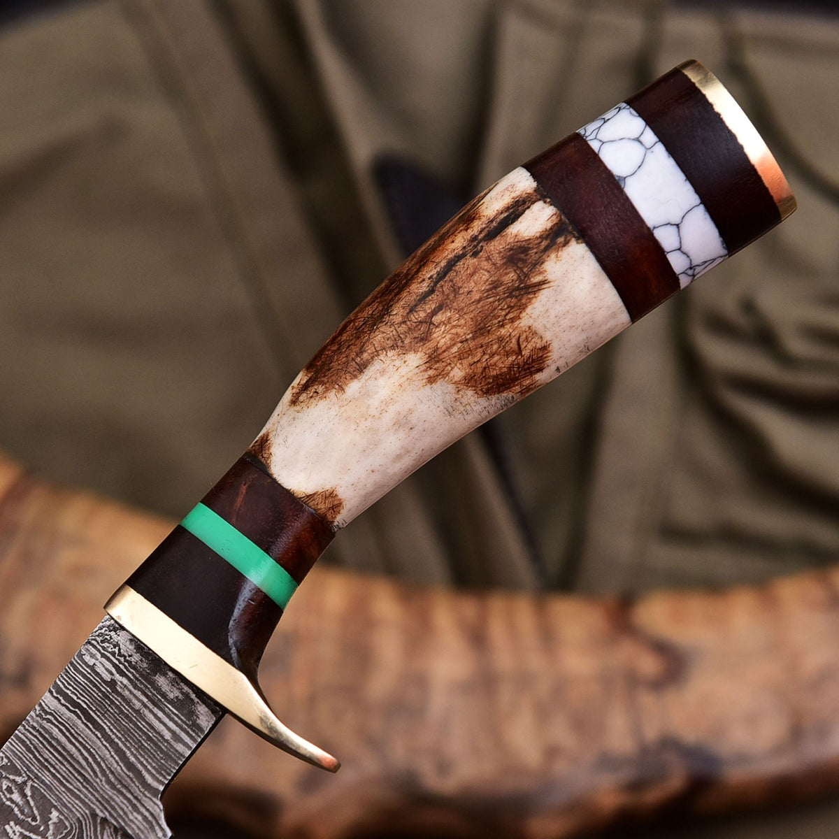 Forged Damascus Blade Skinning Knife Stag Antler Handle Brass Guard With Sheath - Image 3