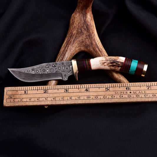 Damascus Steel Blade Skinning Knife Original Stag Antler Handle Brass Guard - Image 1
