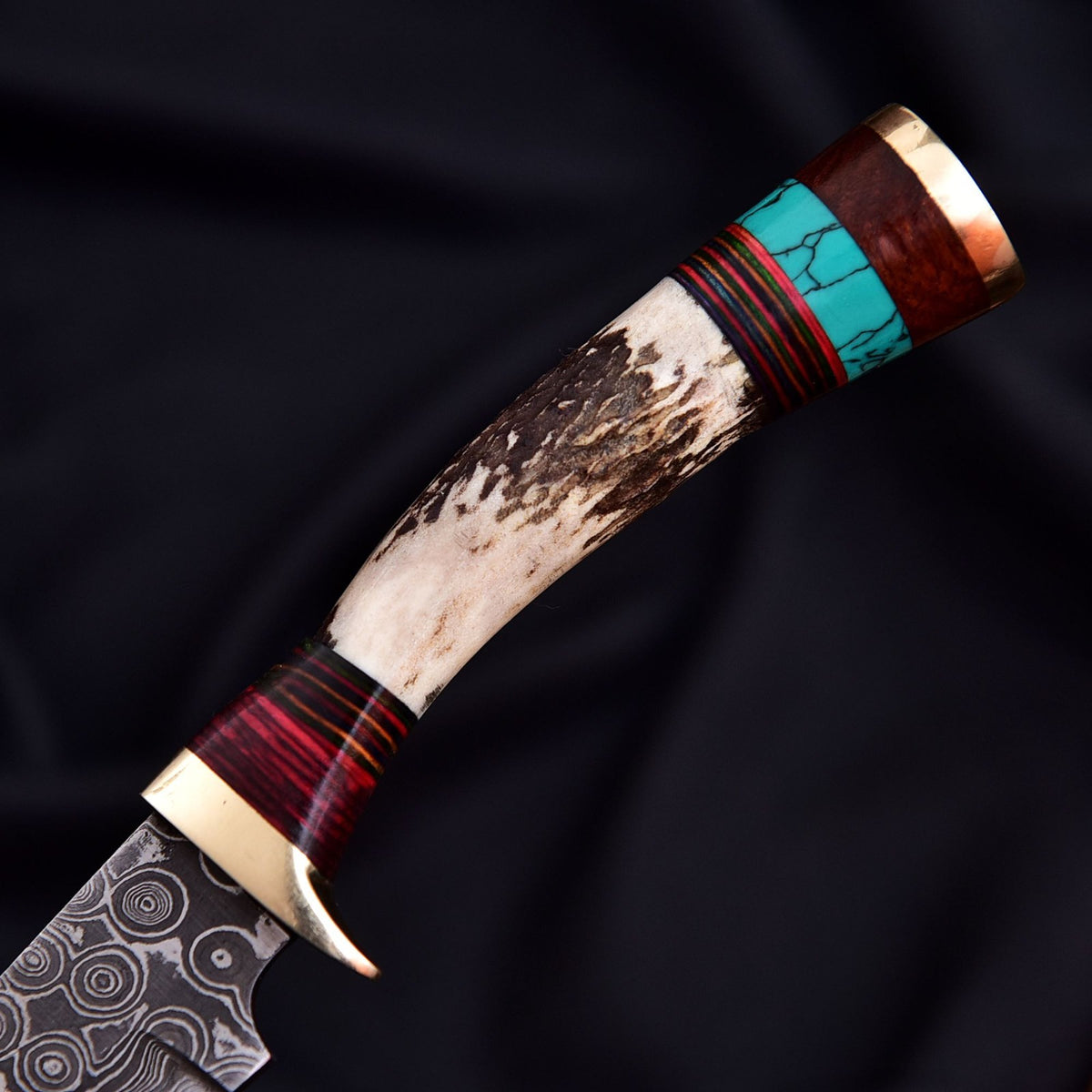 Vintage Damascus Blade Skinner Knife Stag Antler Handle Tactical Outdoor Hunting - Image 3