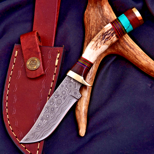 Damascus Steel Blade Skinning Knife Original Stag Antler Handle Brass Guard - Image 2