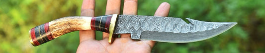 Handmade Damascus Fixed Gut-hook Blade Hunting Skinning Knife Stag Antler Handle - Image 2