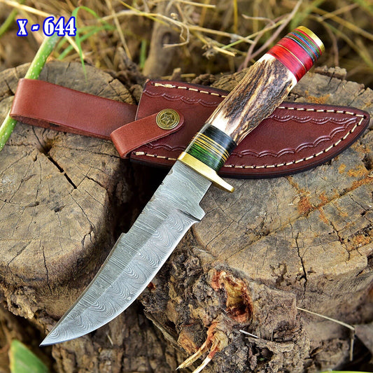 10" Handmade Damascus Skinning Hunting Fix Blade Knife Stag Antler & Brass Guard - Image 1