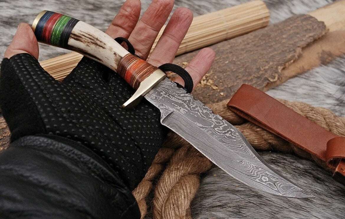 Handmade Damascus Stag Handle Forged Bowie Knife Hunting Knife Skinning Edc 10" - Image 1