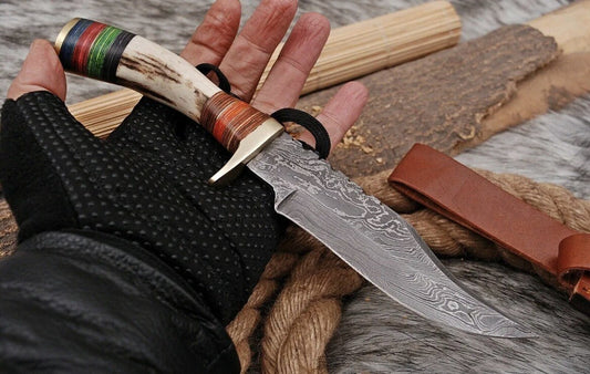 Handmade Damascus Stag Handle Forged Bowie Knife Hunting Knife Skinning Edc 10" - Image 1