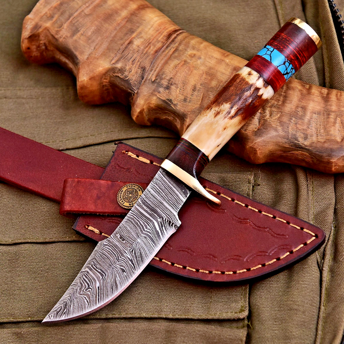 Forged Damascus Blade Skinning Knife Stag Antler Handle Brass Guard With Sheath - Image 1