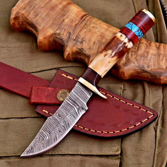 Forged Damascus Blade Skinning Knife Stag Antler Handle Brass Guard With Sheath - Image 1