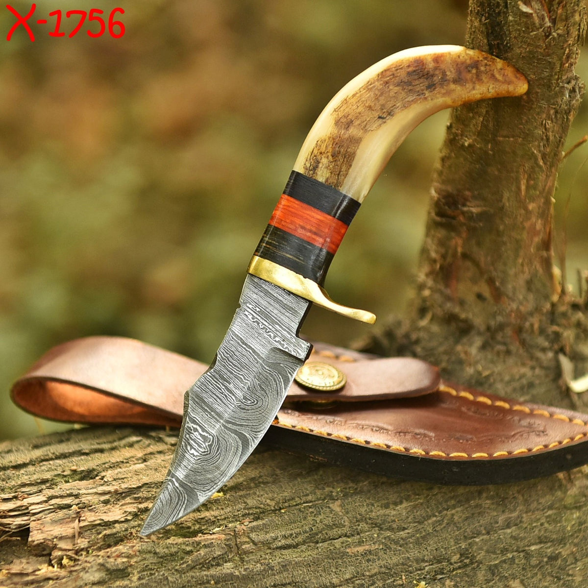 Custom Handmade Damascus Steel Blade Skinning Knife Original Ram Horn Handle - Image 3
