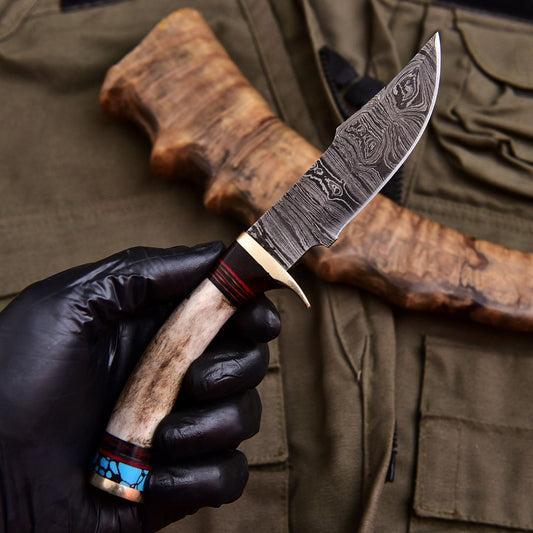 Forged Damascus Blade Skinning Knife Stag Antler Handle Tactical Survival Hunt - Image 2
