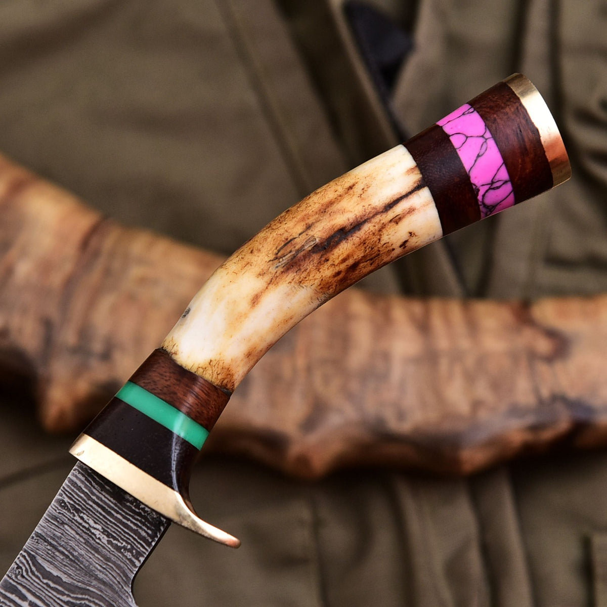 Forged Damascus Blade Skinning Knife Stag Antler Handle Brass Guard With Sheath - Image 3